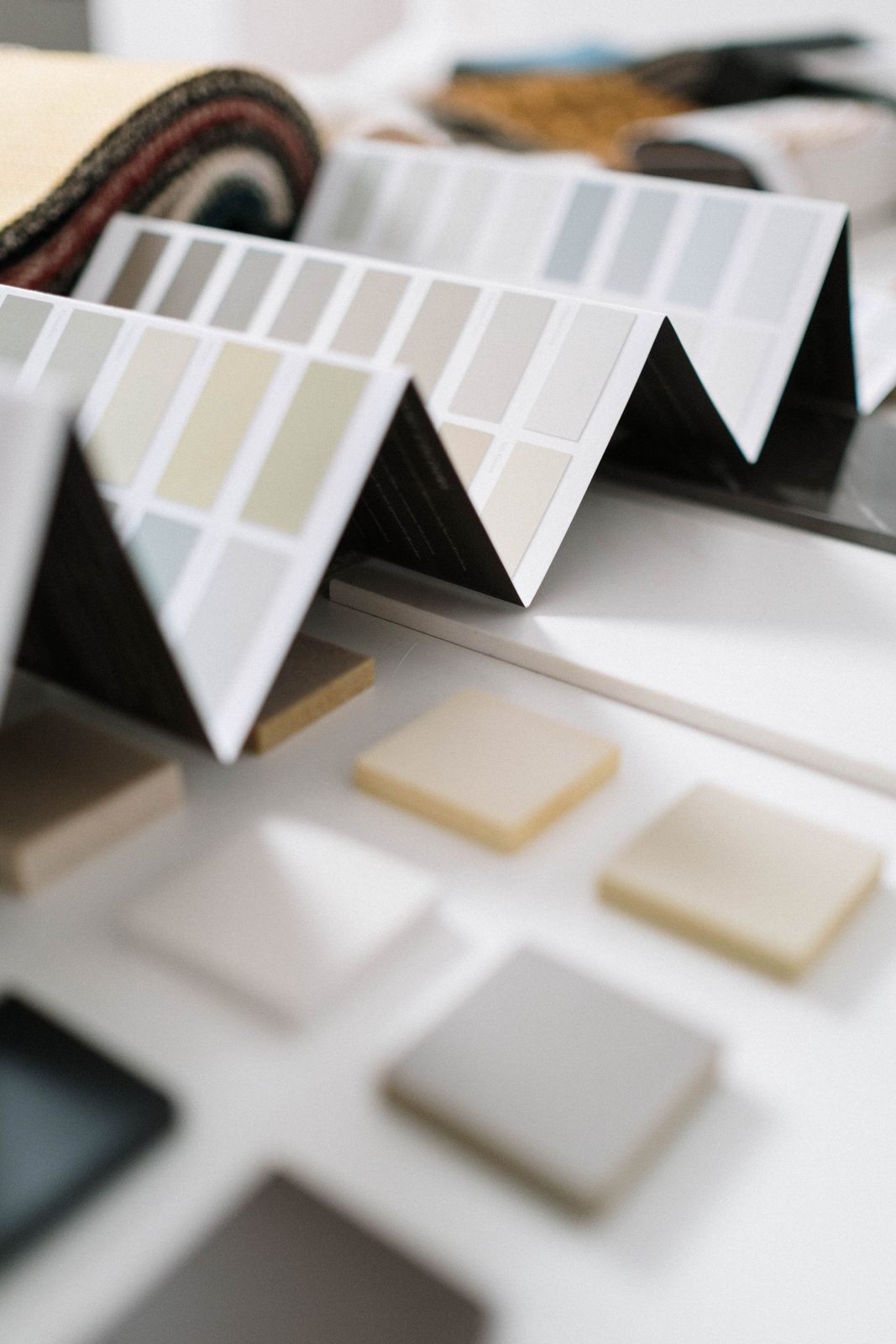 Close-up of color swatches and material samples for interior design projects
